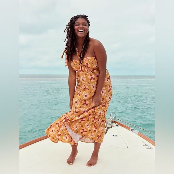 Aerie High Low Halter Maxi Sundress Yellow Size Large NWT - Picture 3 of 10